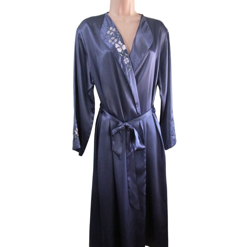 Halston Slate Blue Embroidered Applique Floral Satin Robe Ladies PL EUC - Picture 10 of 16